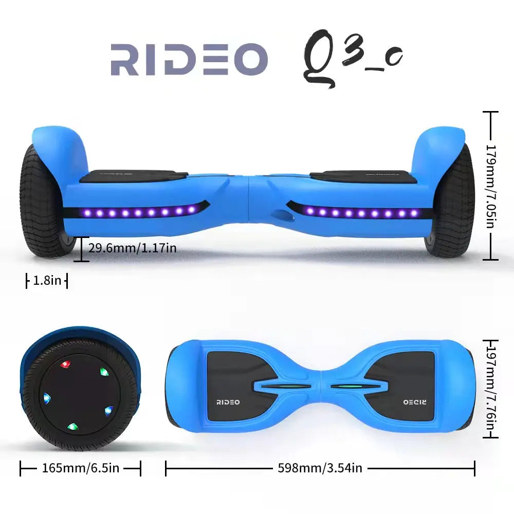 RIDEO Q3c Self Balance Scooter with dimensions, including wheel size, length, and height, designed for balance and comfort in a sleek blue design.