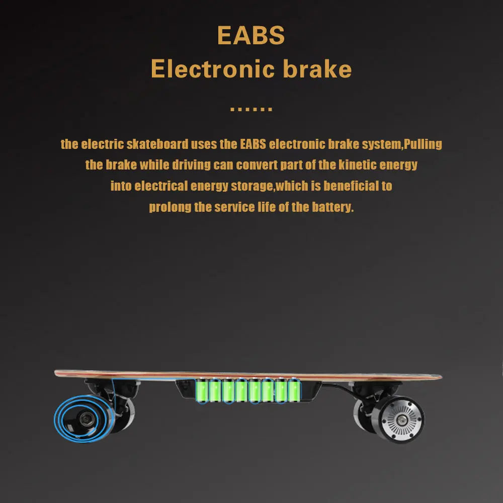 Informational graphic about the EABS electronic brake system used in an electric skateboard. 