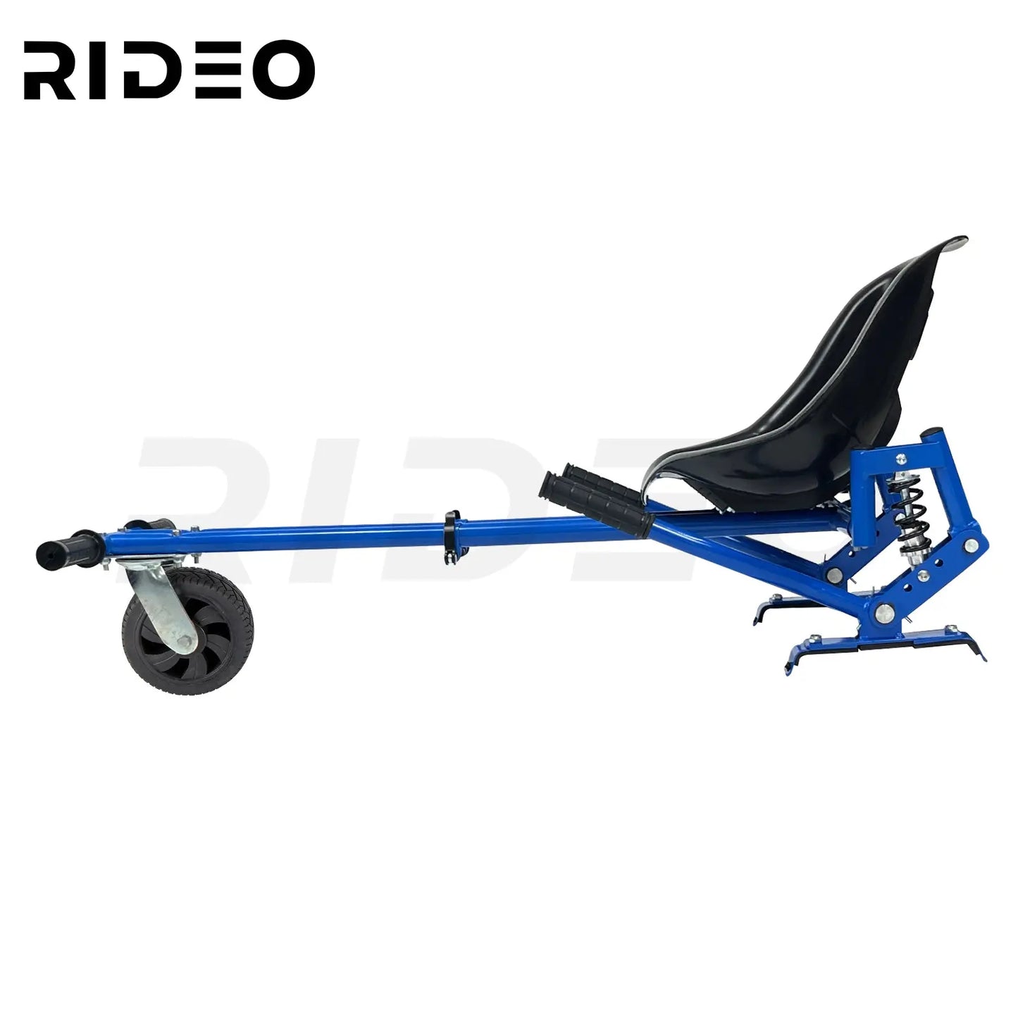 The RIDEO Hoverboard Go-Kart A5 features a sleek, modern design with a sturdy frame, offering both style and comfort for an exciting riding experience.