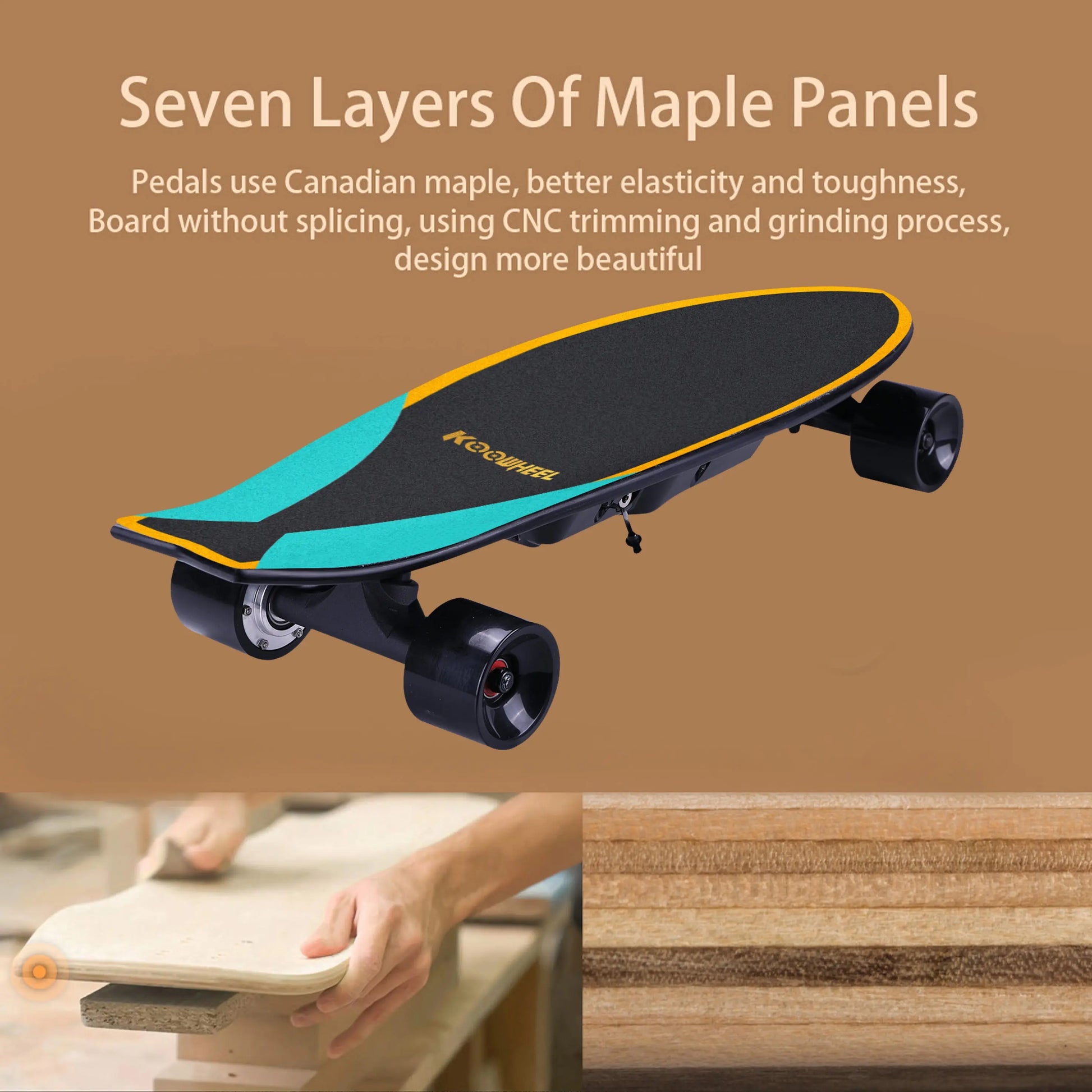 Image showing a Koowheel electric skateboard from the side emphasizing the seven layers of maple panels used in its construction.