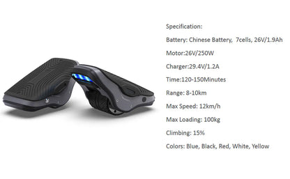 Detailed specifications of our hover shoes featuring battery life, speed, and load capacity. Available in multiple colors to suit your style.