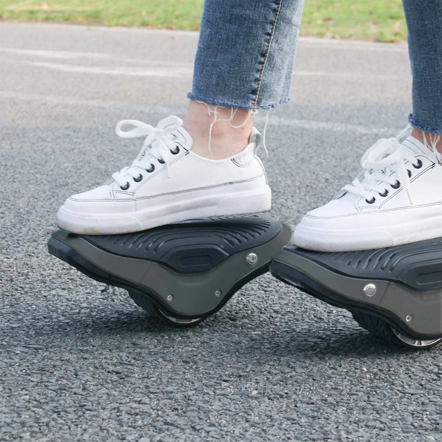 A unique combination of casual white sneakers and high-tech hover shoes, providing comfort and advanced mobility for everyday use.