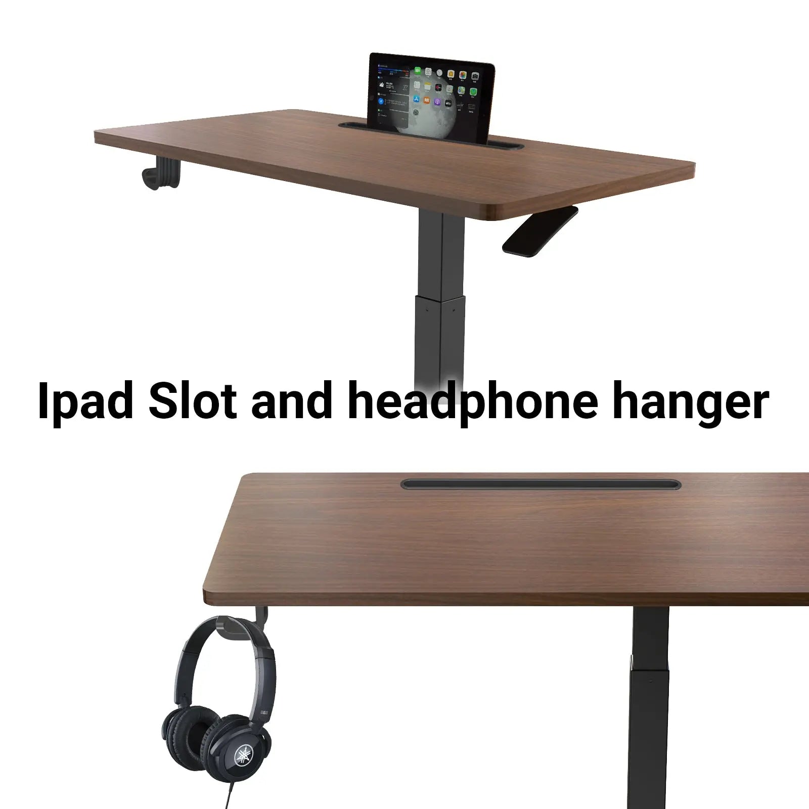 Detail of an iPad slot and headphone hanger integrated into a wooden standing desk, highlighting functionality.