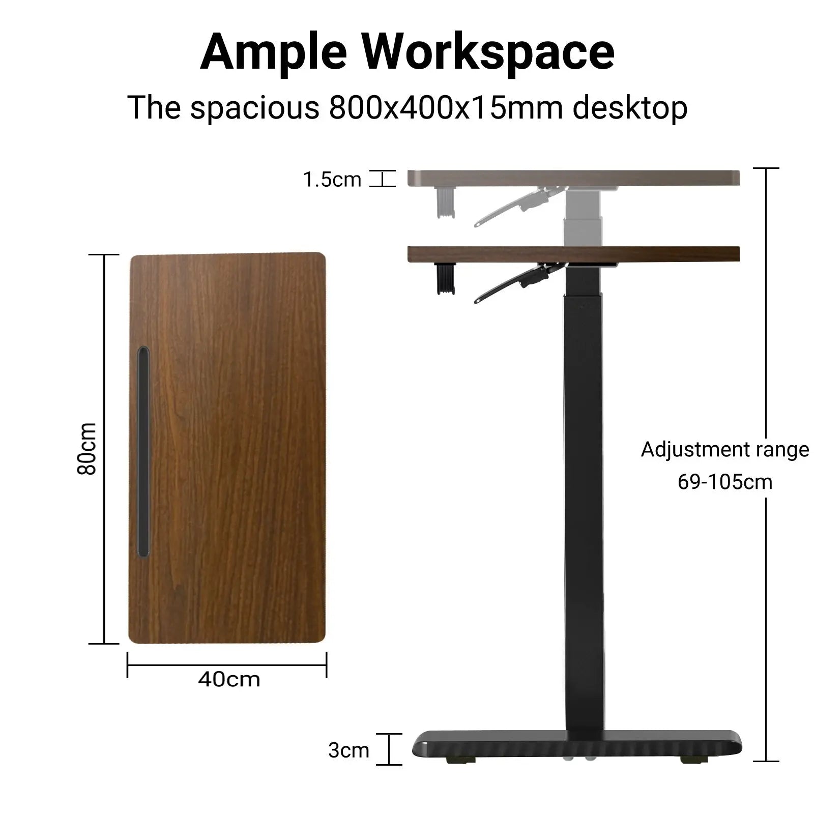 Technical diagram detailing the dimensions and adjustment range of a mobile standing desk equipped with pneumatic gas struts.