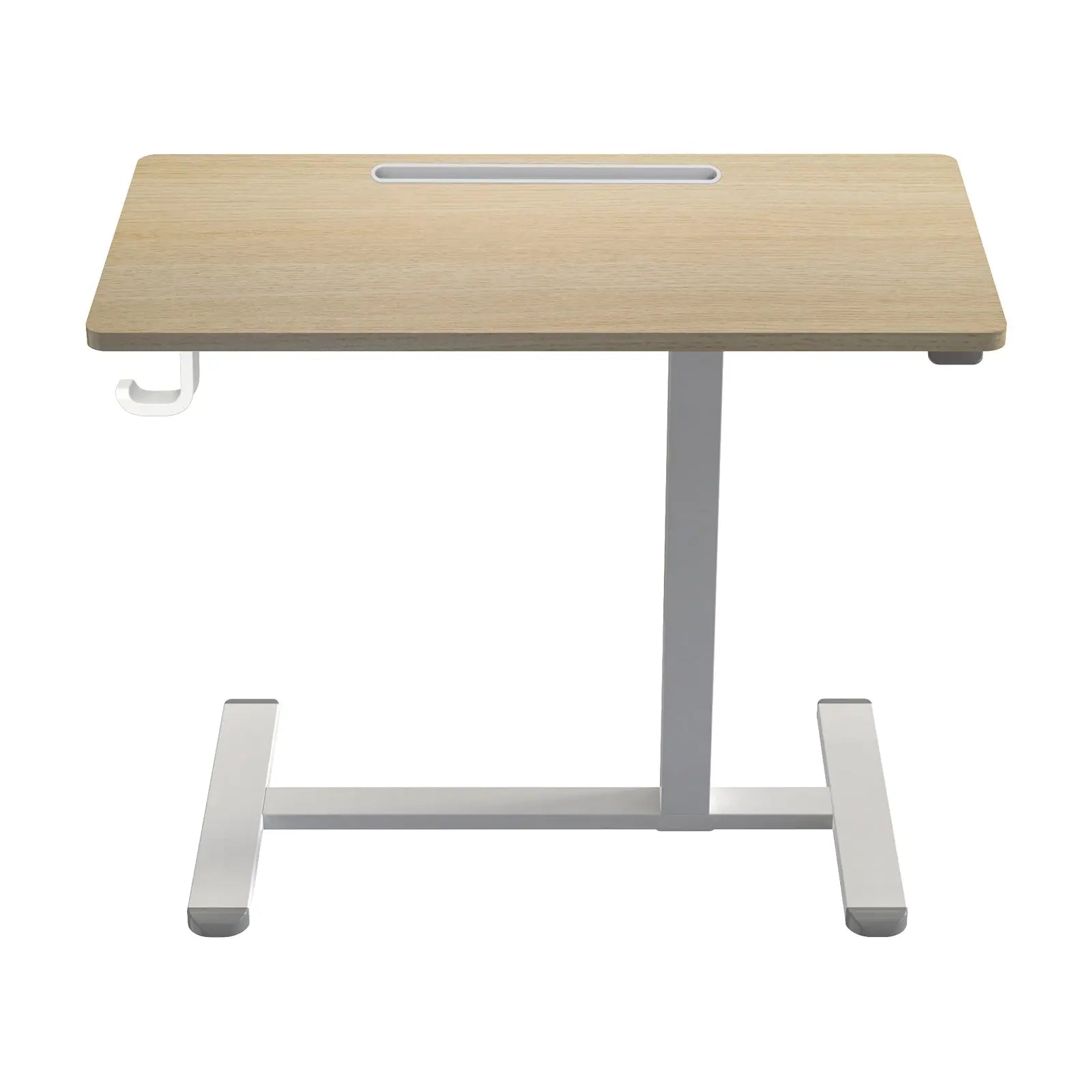 Modern adjustable desk with pneumatic gas struts depicted in the movement between lowered and raised positions, highlighting its ergonomic features and white frame against a neutral background.