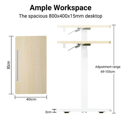 Full front view of the desk showing its complete height range and compact size, ideal for small spaces and various user heights.