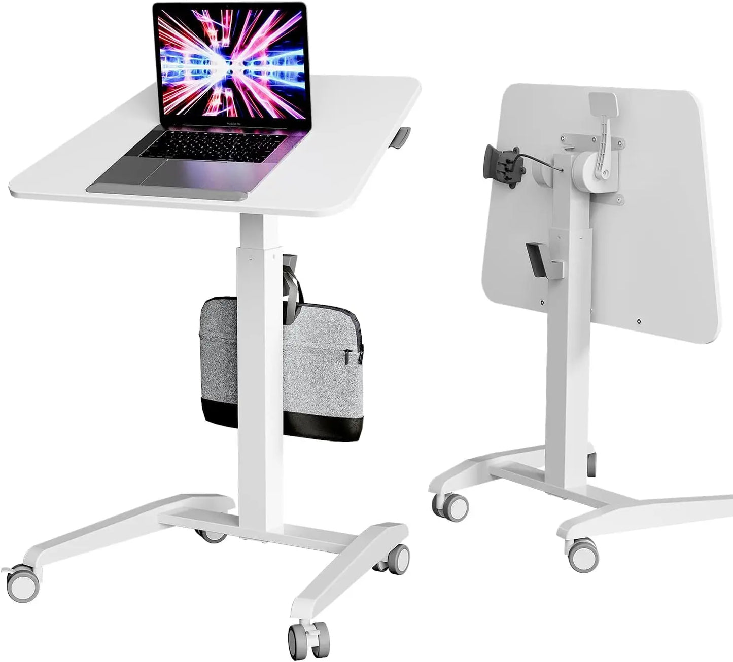 A mobile laptop desk with a white finish features a laptop displaying vibrant screen graphics; includes a gray accessory bag hanging on the side.