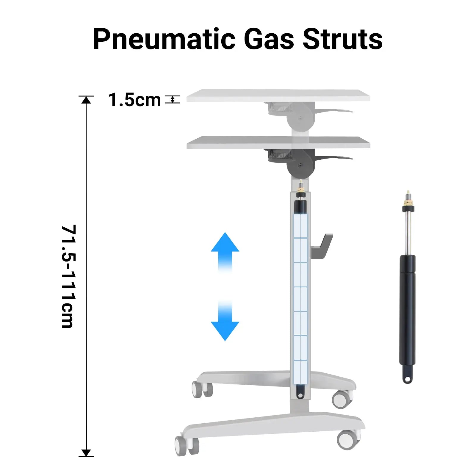 Detailed view of the pneumatic gas struts on a mobile desk, showing the mechanism that allows smooth height adjustment between 71.5 cm and 111 cm.