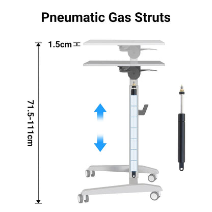 Detailed view of the pneumatic gas struts on a mobile desk, showing the mechanism that allows smooth height adjustment between 71.5 cm and 111 cm.