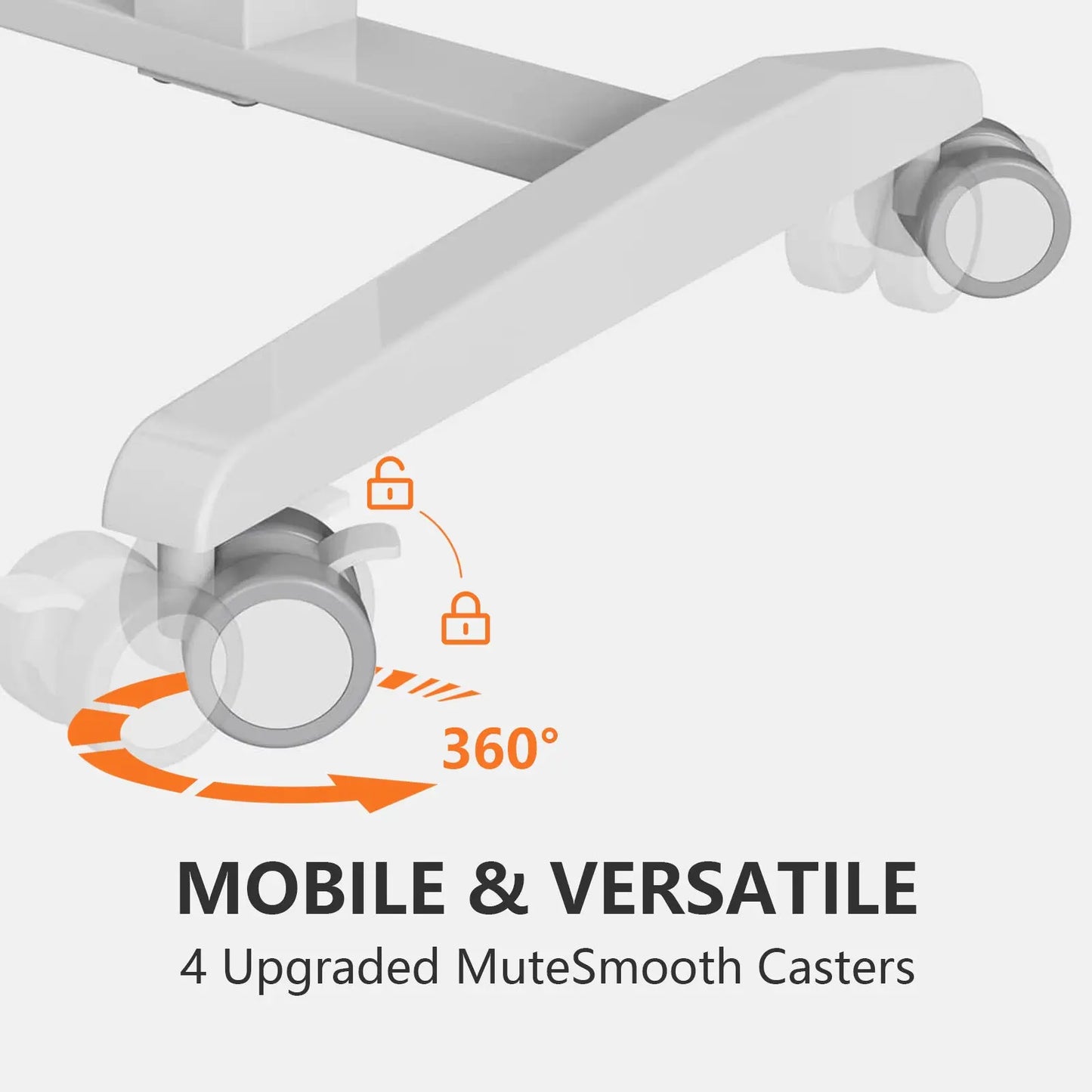 Close-up of the mobile desk’s caster wheels with orange accents indicating lockable, 360-degree rotation for easy maneuverability and stability.