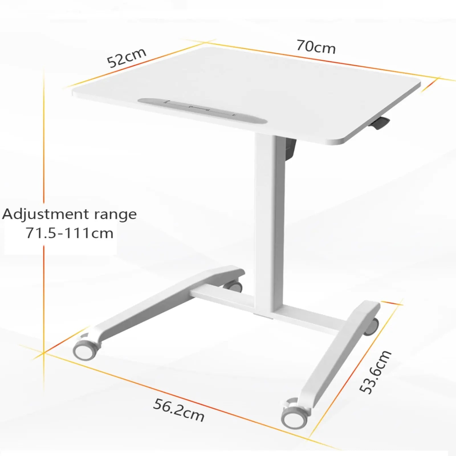 A technical drawing of a white mobile desk, detailing its dimensions and the height adjustment range, illustrating the product's compact and ergonomic design.