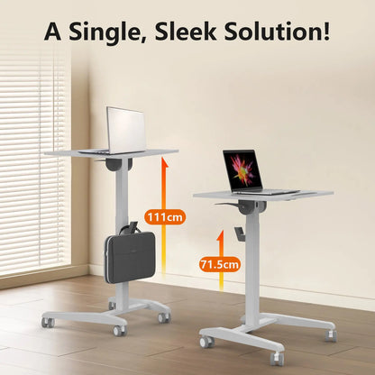 Two desks side by side showing different height levels, emphasizing the desk's adjustability and sleek design.