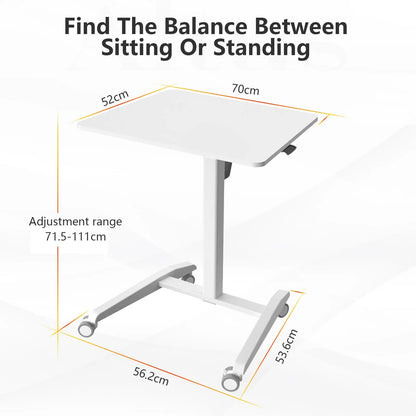 Diagram showing the dimensions of the sit-stand desk, detailing the adjustment range and desktop size.