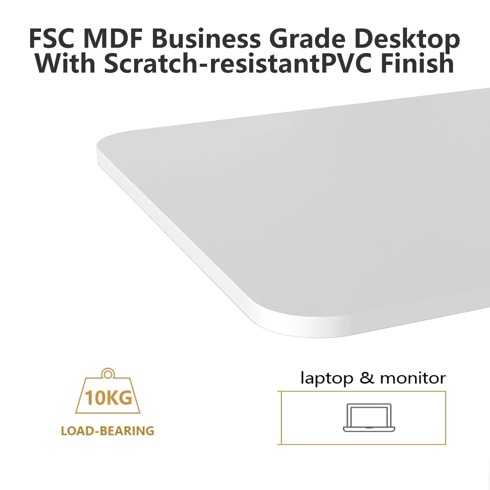 FSC MDF business-grade white desktop with a scratch-resistant PVC finish, emphasizing its load-bearing capacity for laptops and monitors.