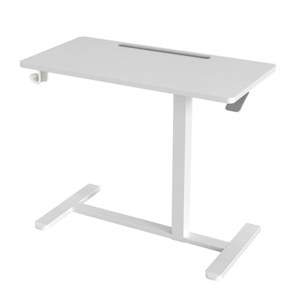 Image of a modern, minimalist white standing desk featuring a sleek design with a slim tabletop and sturdy legs.