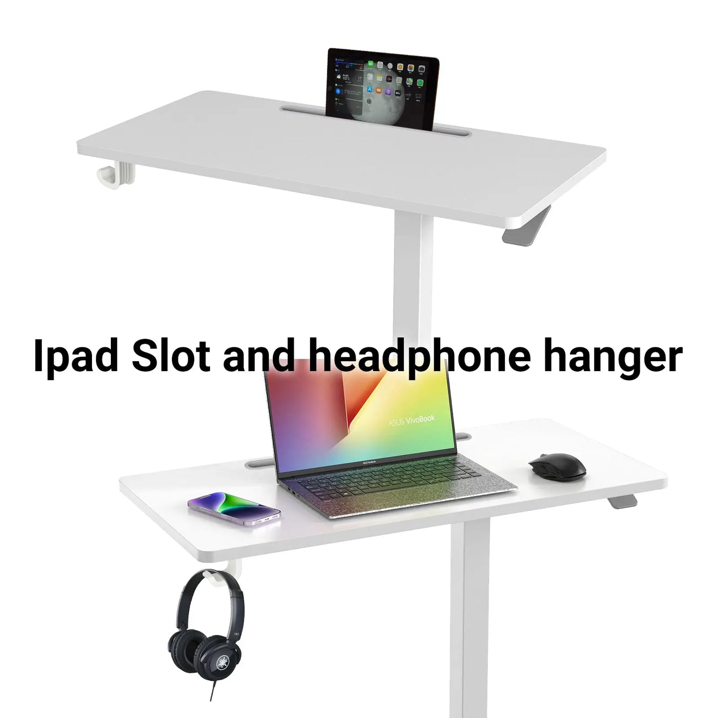 Close-up view of a white standing desk showcasing an iPad slot and a headphone hanger under the tabletop.