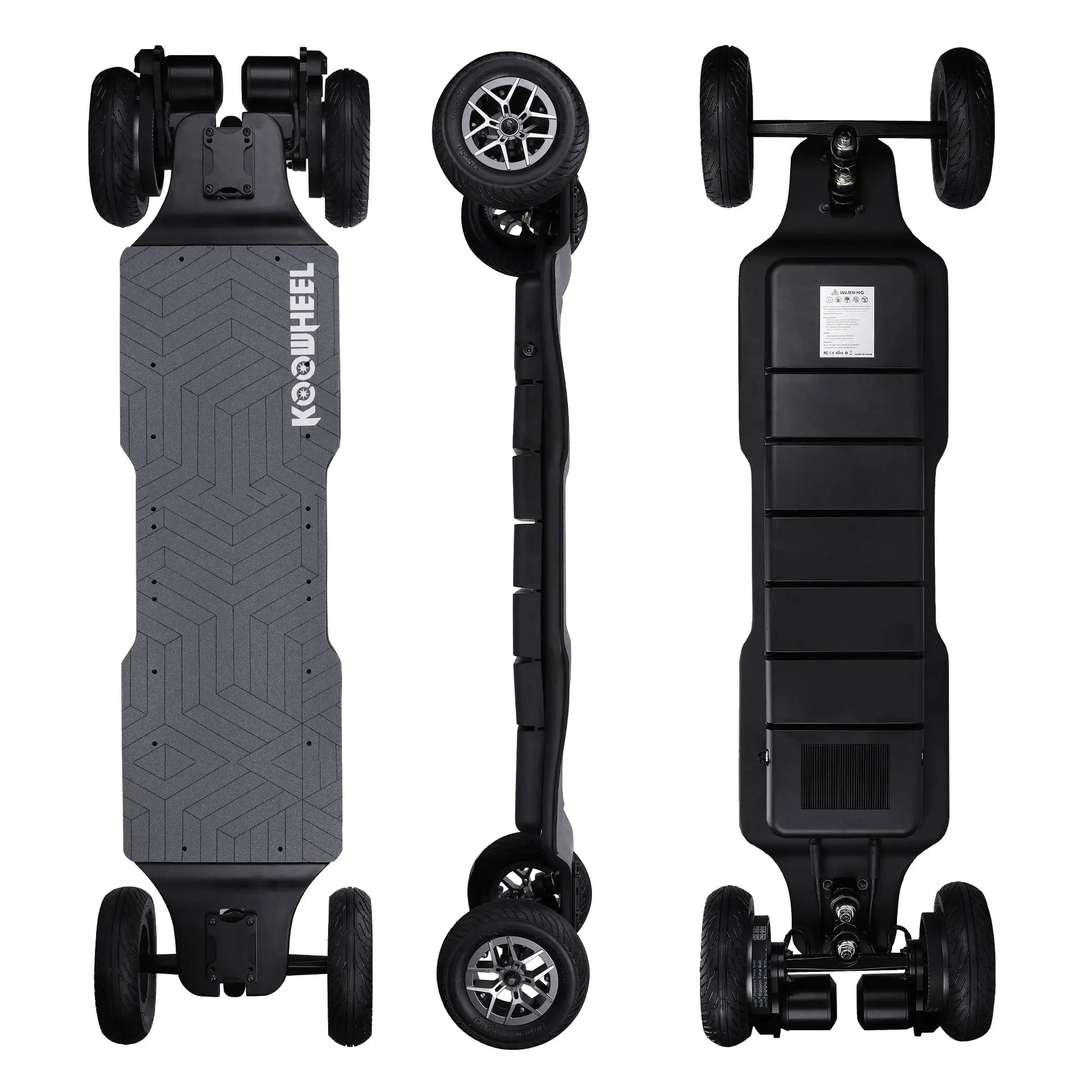 A black electric skateboard shown in two angles: top and side, highlighting its sleek, sturdy design with large, rugged wheels and detailed grip tape on the deck.