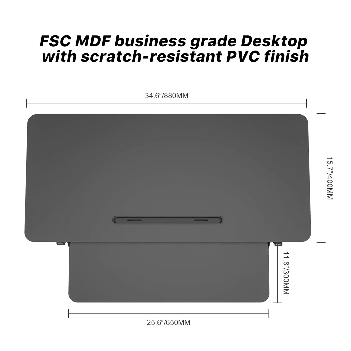 Close-up view of a business-grade desktop surface with a scratch-resistant PVC finish, detailing the dimensions and slot openings for cables.