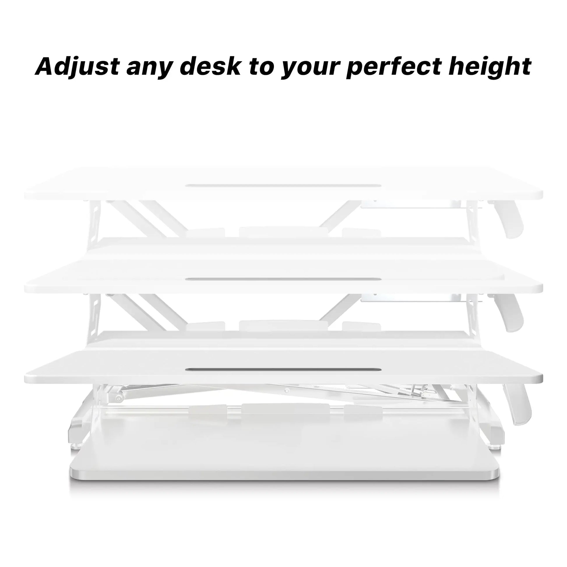 Detailed view of a white desk converter adjusted to various height levels to accommodate sitting or standing work positions.