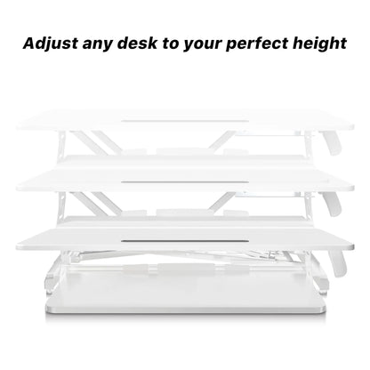 Detailed view of a white desk converter adjusted to various height levels to accommodate sitting or standing work positions.