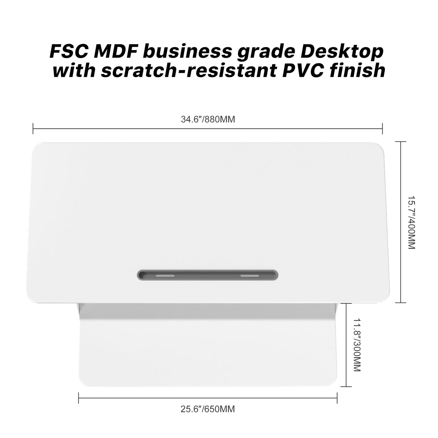 A business-grade white desk converter in an office setting, featuring scratch-resistant PVC finish and detailed dimensions of the workspace.