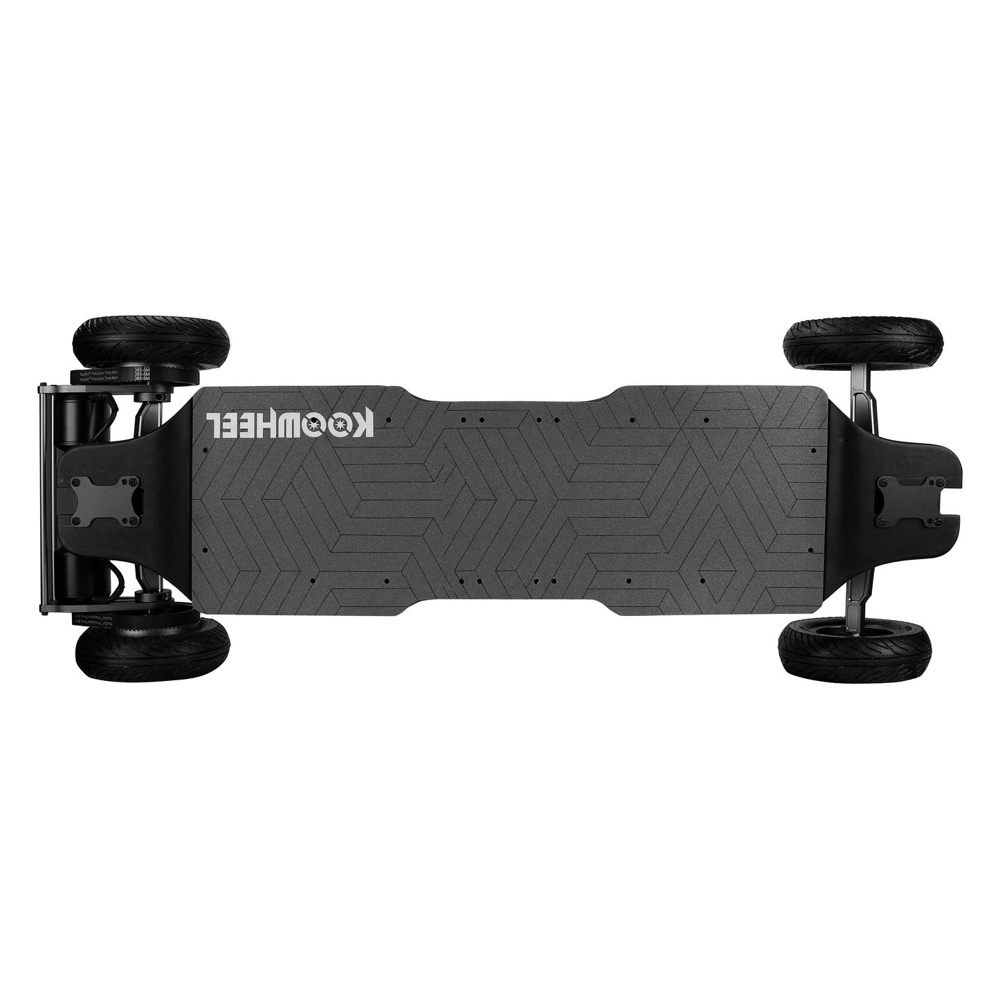 A top-down view of the electric skateboard, displaying its long black deck with geometric grip patterns and robust wheel assemblies at both ends.