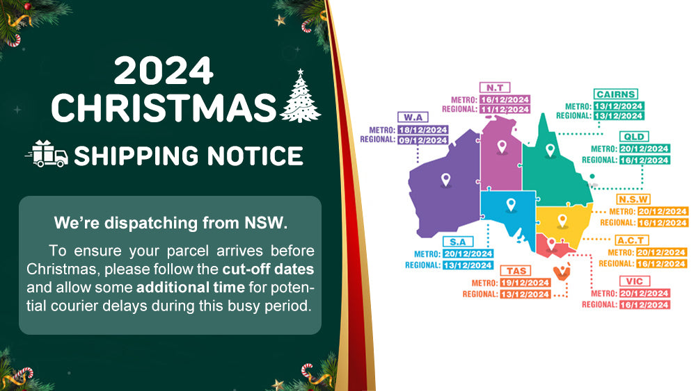 This image shows the shipping cut-off times for various regions in Australia. To ensure your package arrives before Christmas, please adhere to these deadlines. Allow some extra time for your package.