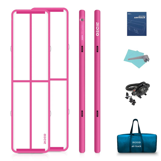 Air Track and Accessories Set: The image features a vibrant pink air track gymnastics mat along with a set of accessories that include two white inflation wands, an electric pump with various nozzles, a blue carrying bag, and an instruction manual. The air track showcases a geometric line design enhancing its visual appeal.