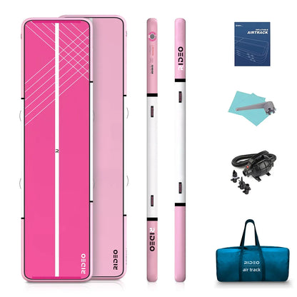 Air Track and Accessories Set: The image features a vibrant pink air track gymnastics mat along with a set of accessories that include two white inflation wands, an electric pump with various nozzles, a blue carrying bag, and an instruction manual. The air track showcases a geometric line design enhancing its visual appeal.