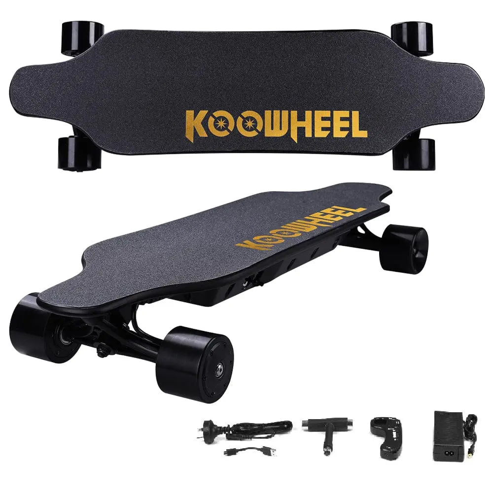 An electric skateboard with a grey deck featuring the yellow "KOOWHEEL" logo, black trucks, and wheels, showcased with its various accessories including a charger and remote control.