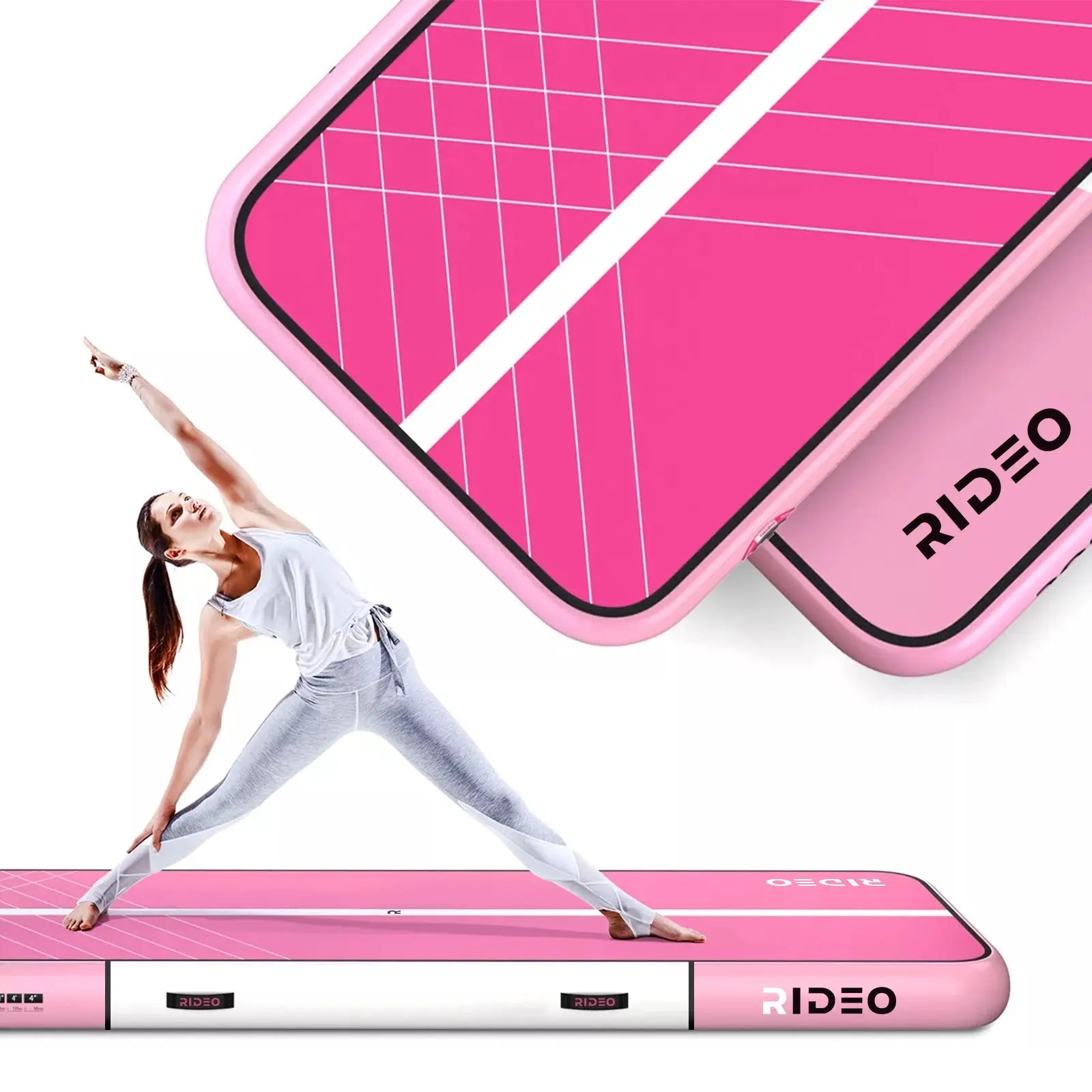 Air Track Usage Demonstration: Demonstrates the usage of the pink air track in a gym setting, with a woman performing a stretching pose. The air track's sleek design and color are highlighted, showcasing its suitability for gymnastics and fitness activities.