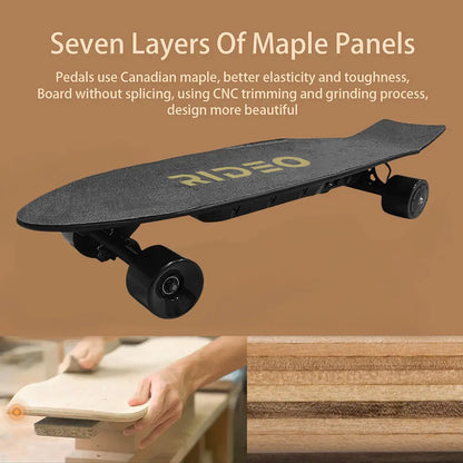 Image showing the multi-layered maple panels used in the skateboard’s construction, detailing the natural wood texture and the board’s curvature.