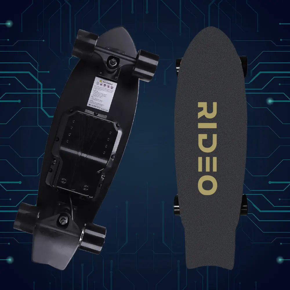 Bottom view of the skateboard showing the complete setup with wheels and electrical components against a blue circuit pattern background.