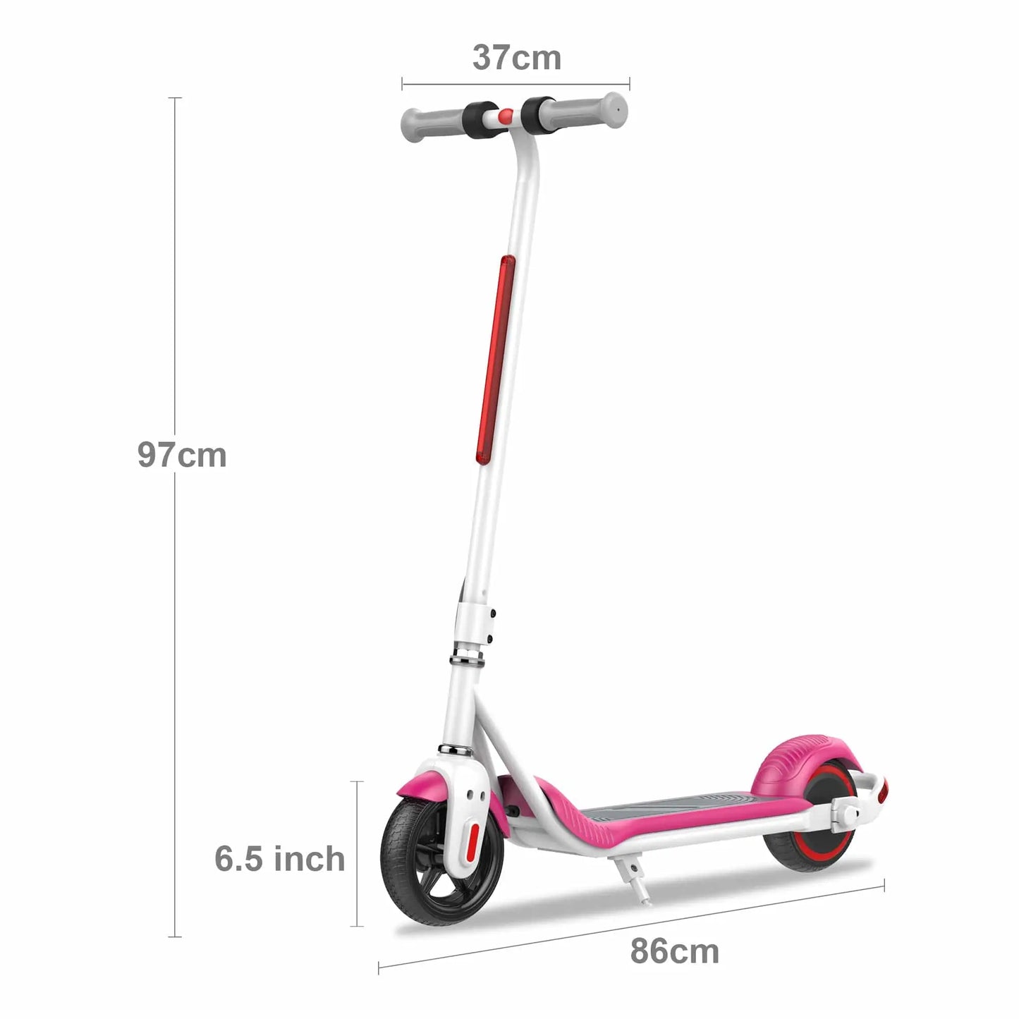 A product image showing the dimensions of a pink and white electric scooter, detailing the height, handlebar width, and overall length.