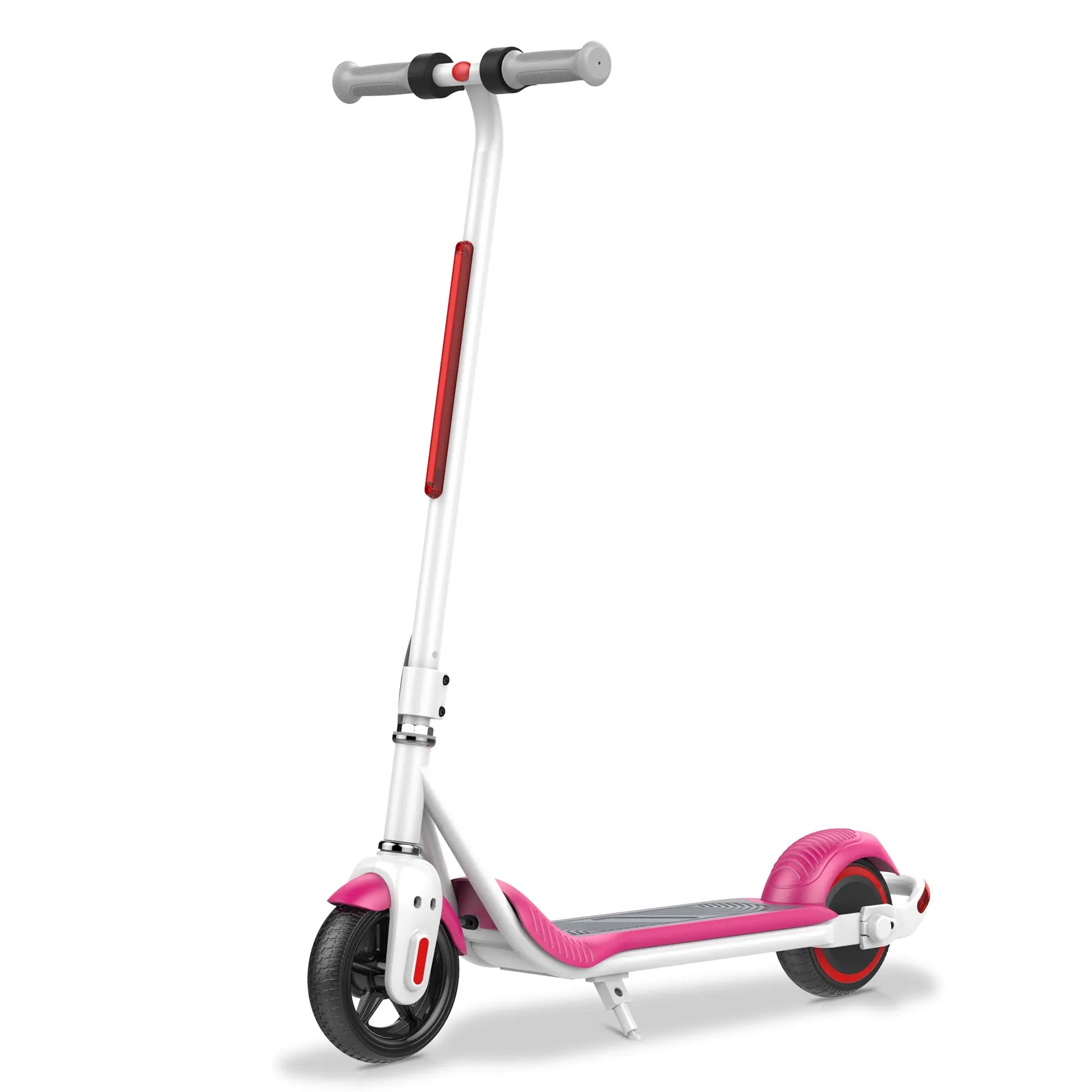 A close-up image of a pink and white electric scooter, focusing on the front wheel and the lower deck area. Features include a streamlined design and a front mudguard.