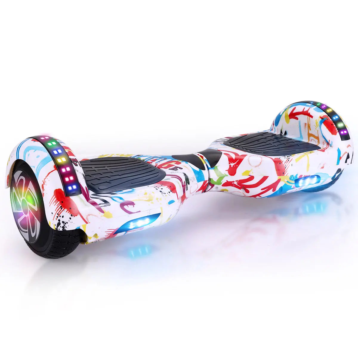 View of the RIDEO 6.5 inch Hoverboard Electric Scooter in White Graffiti design featuring vibrant LED wheels and a sleek, modern look.