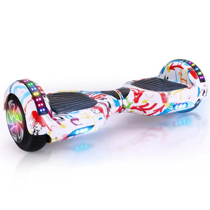 View of the RIDEO 6.5 inch Hoverboard Electric Scooter in White Graffiti design featuring vibrant LED wheels and a sleek, modern look.