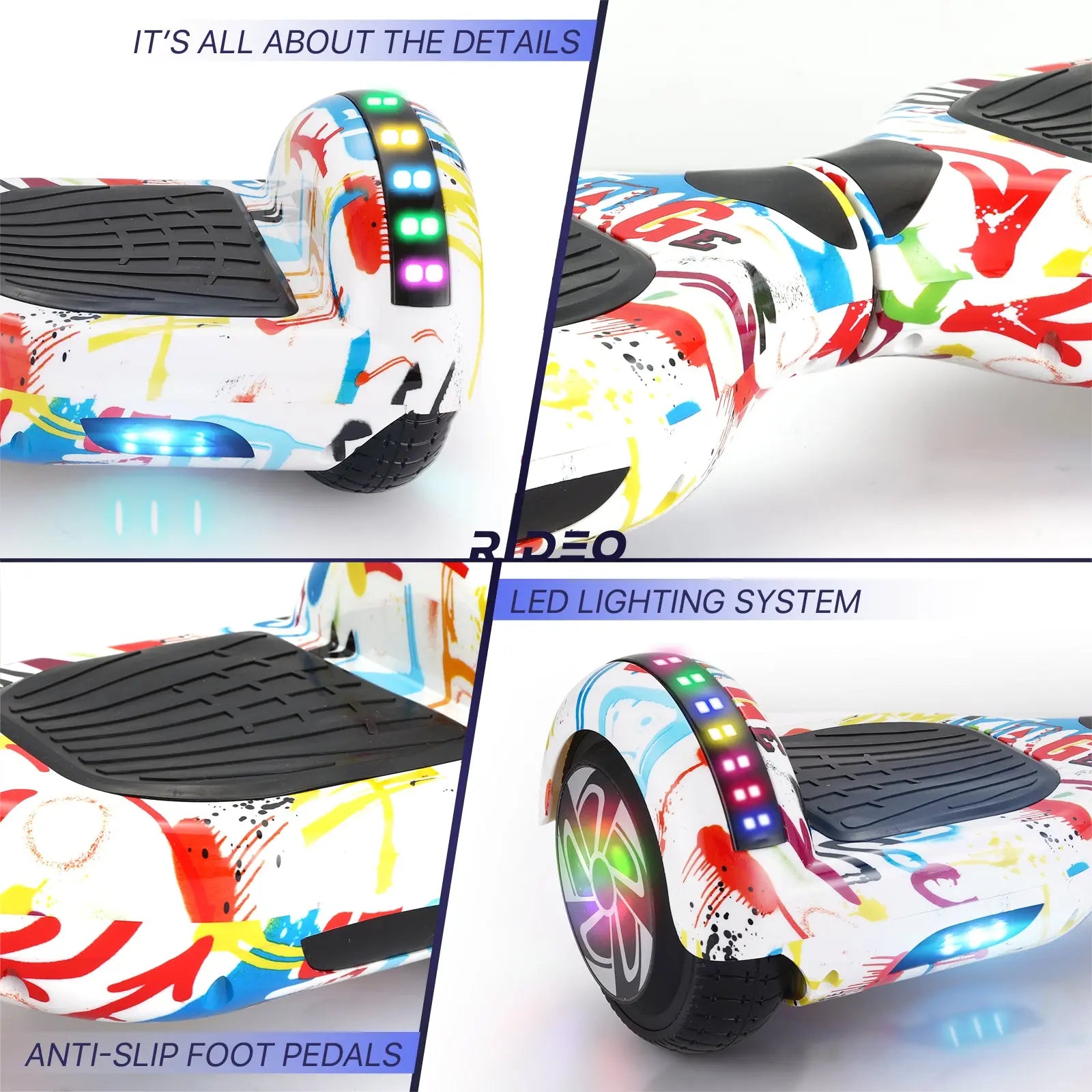 Showcase of different high gloss finish options for the RIDEO Hoverboard, displaying multiple patterns including the striking White Graffiti.