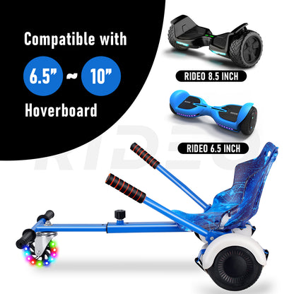 RIDEO Hoverboard Go-Kart showing compatibility with 6.5-inch to 10-inch hoverboards, including RIDEO models.