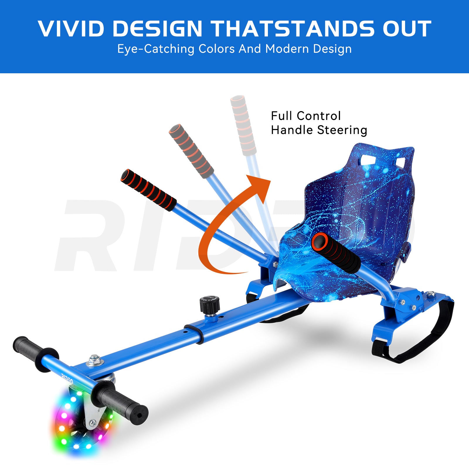 Vivid blue design of RIDEO Hoverboard Go-Kart featuring ergonomic steering handles for full control and smooth turns.