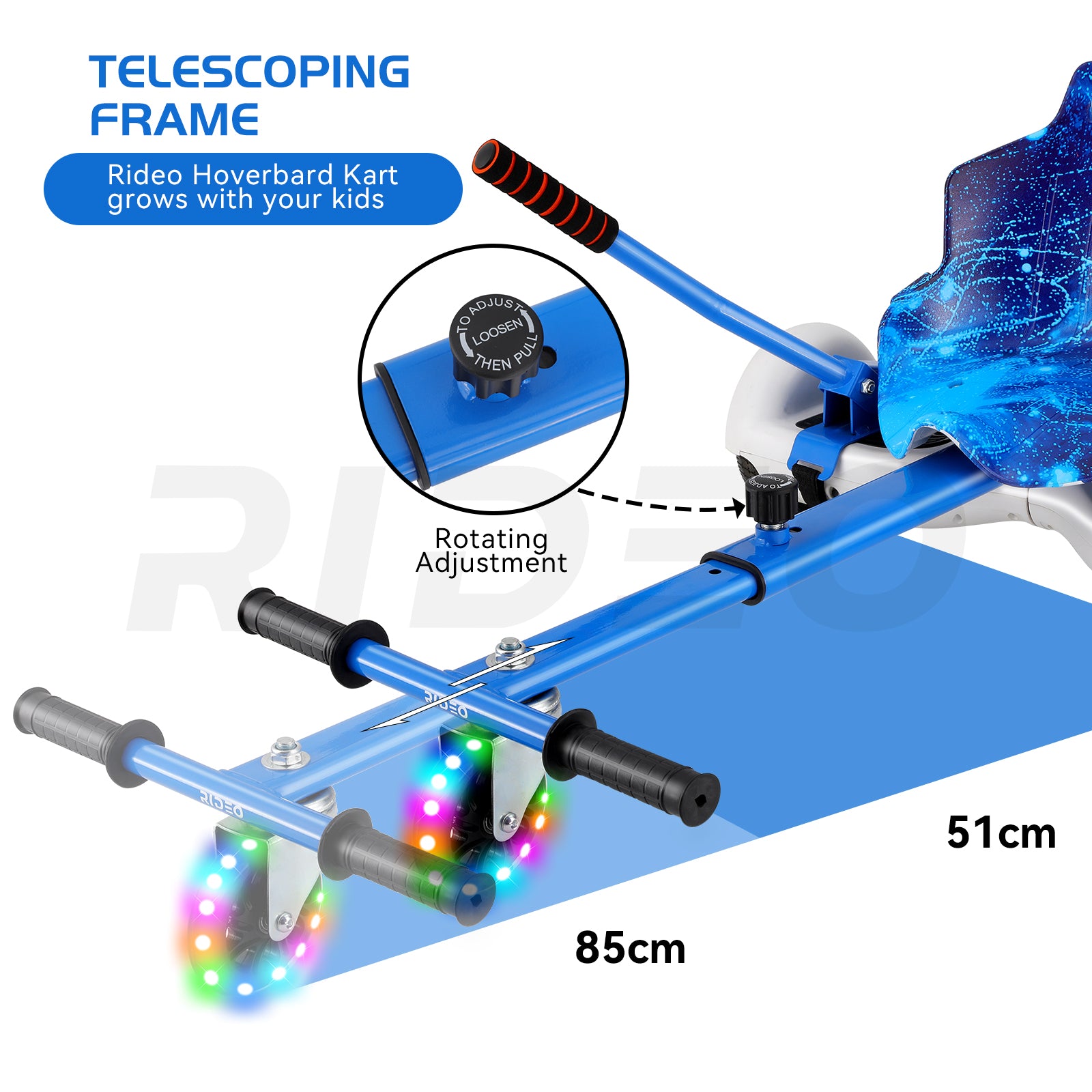 Adjustable telescoping frame of RIDEO Hoverboard Go-Kart, growing with kids, adjustable length from 51 cm to 85 cm.