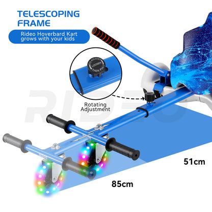 Adjustable telescoping frame of RIDEO Hoverboard Go-Kart, growing with kids, adjustable length from 51 cm to 85 cm.