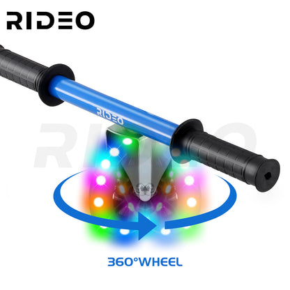 360-degree rotating front wheel with LED lights on RIDEO Hoverboard Go-Kart, providing vibrant and safe riding experience.