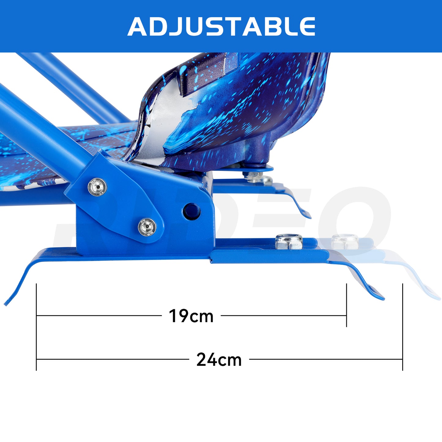 RIDEO Hoverboard Go-Kart side view with adjustable seat height, showcasing a secure and comfortable fit.