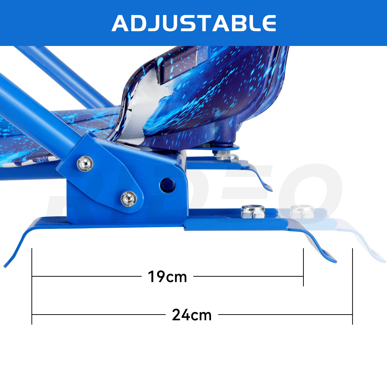 RIDEO Hoverboard Go-Kart side view with adjustable seat height, showcasing a secure and comfortable fit.