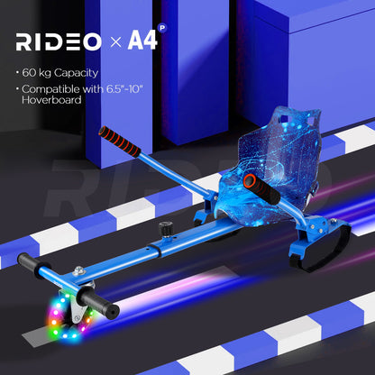 RIDEO Hoverboard Go-Kart on a colorful track, highlighting its 60 kg capacity and compatibility with 6.5 to 10-inch hoverboards.