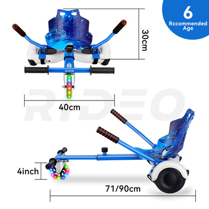 Dimensions of the RIDEO Hoverboard Go-Kart, suitable for kids 6+ with a 40 cm width and adjustable length up to 90 cm.