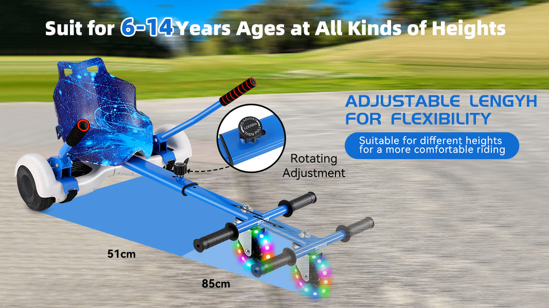 This image showcases the A4 Galaxy Blue go-kart, which has an adjustable length range of 85-51 cm, making it suitable for riders aged 6 to 14 of various heights, and it features glowing front wheels.