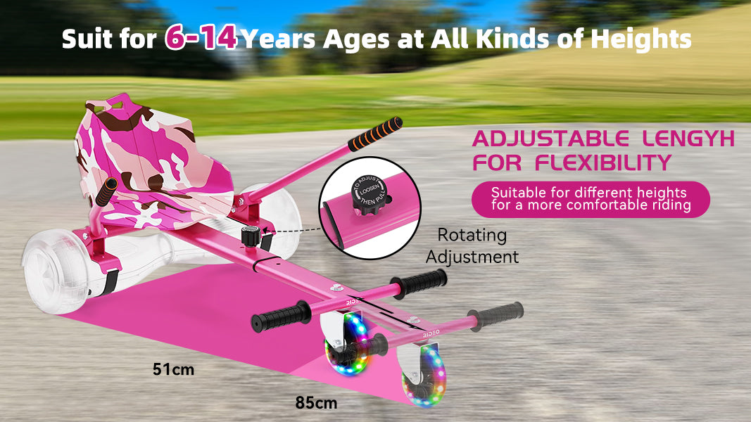 This image showcases the A4 pink go-kart, which has an adjustable length range of 85-51 cm, making it suitable for riders aged 6 to 14 of various heights, and it features glowing front wheels.