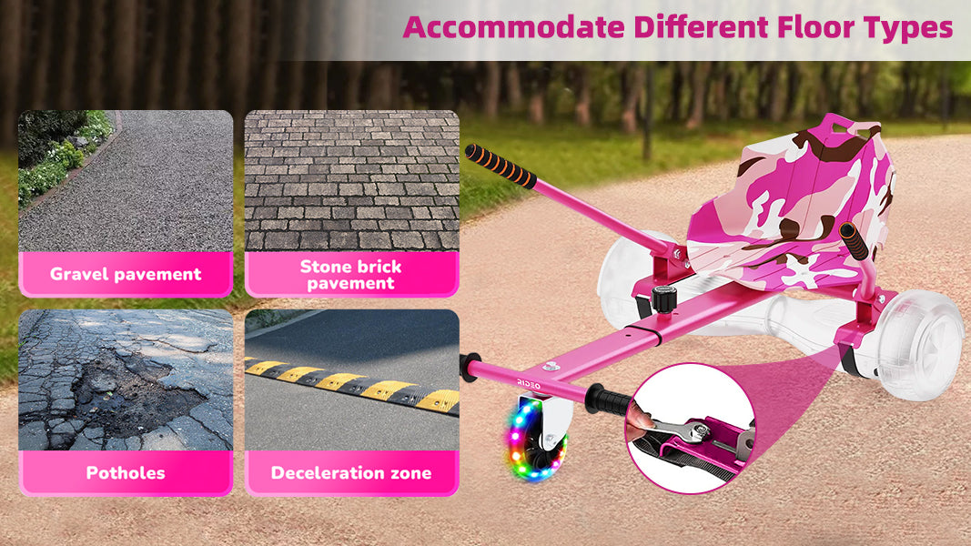 This image demonstrates the RIDEO go-kart A4, which is suitable for various complex terrains such as gravel roads, brick paths, potholes, and speed bumps, along with easy-to-follow installation instructions.